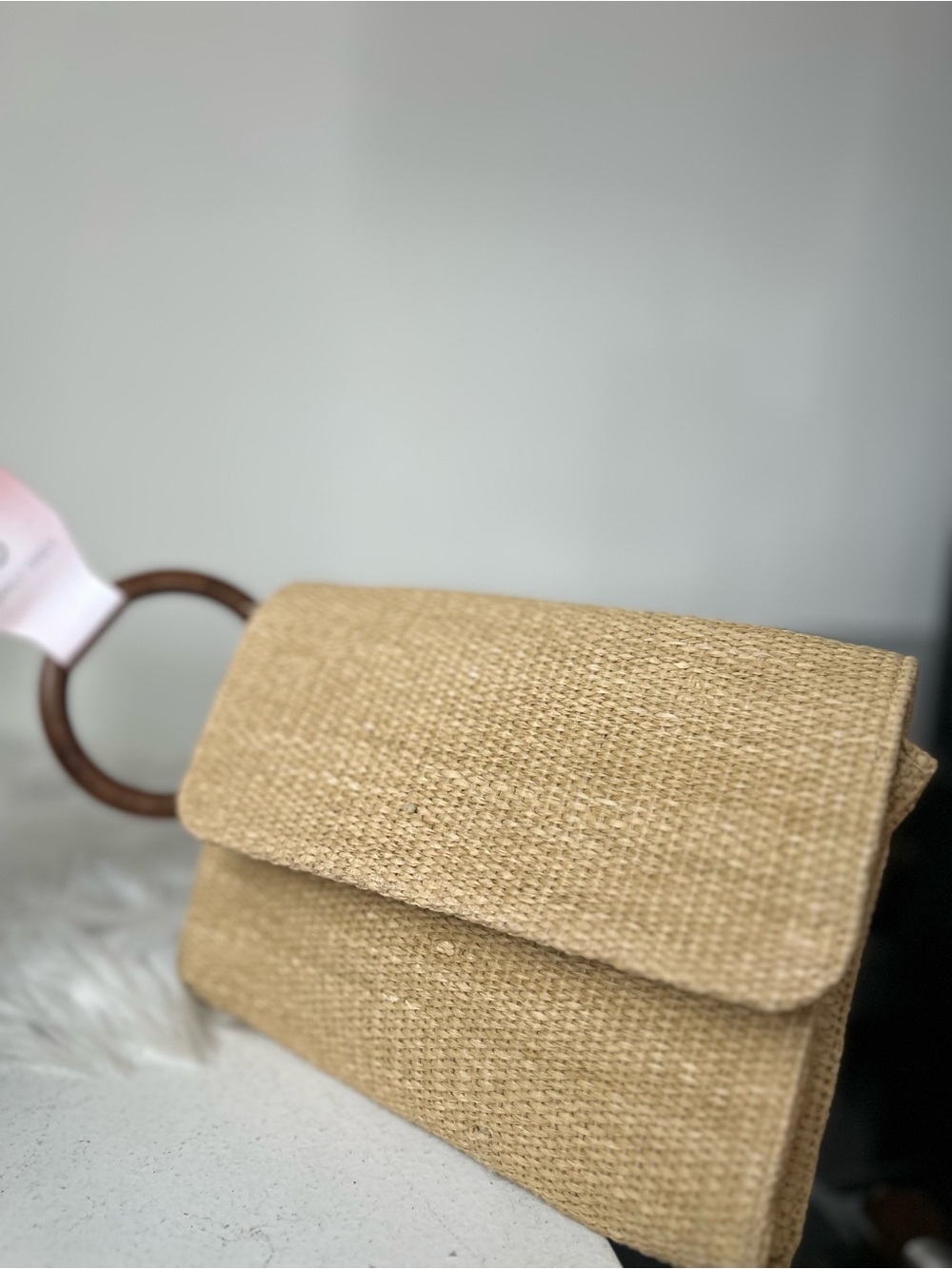 Woven Straw Wristlet Bag with Wooden Ring Handle - Natural new - Picture 6 of 6